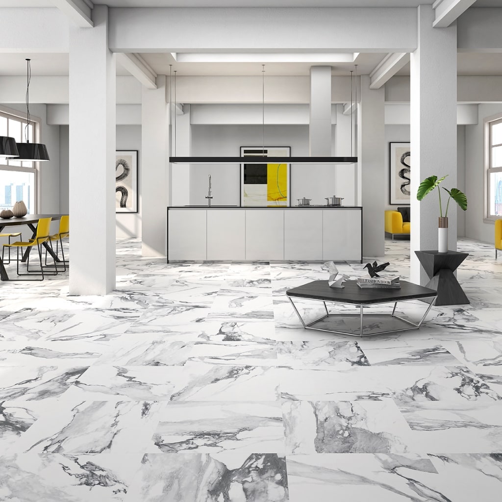 Revan Silver Large Marble Effect Tiles - Room Setting