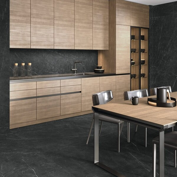 Tessino Gloss Black Marble Effect Tiles - Rectified, Porcelain