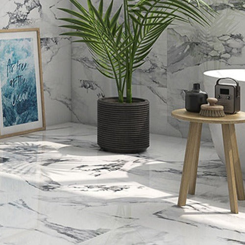 Cut Sample: Valeria White Marble Look Floor Tiles - Gloss