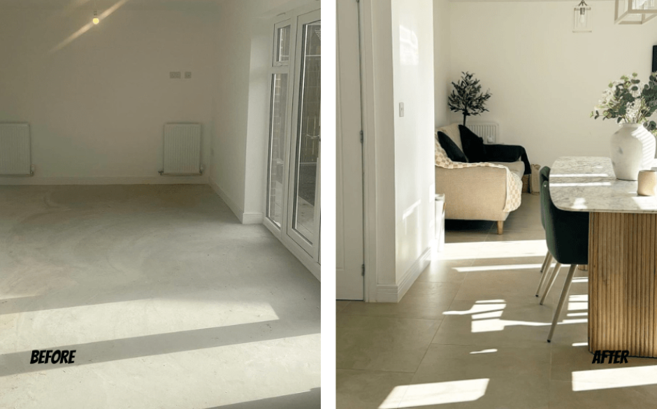 Before and After of Zara's beige home using our Adonis Beige Matt Tiles
