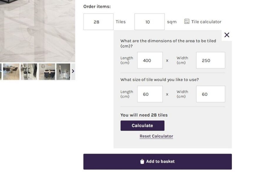 How Many Tiles to Buy? Screenshot of online calculator.