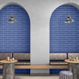 Blue Subway Tiles - Flat Metros in a dining area setting with benches and tables