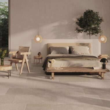 Juliette Cream Stone Effect Tiles - lovely bedroom setting with soft beige furnishings