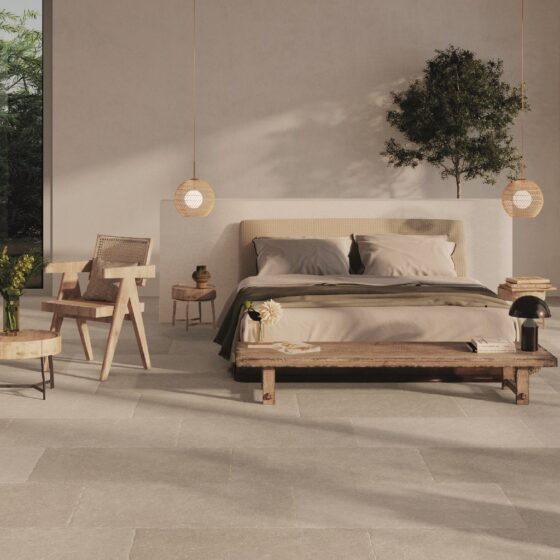 Juliette Cream Stone Effect Tiles - lovely bedroom setting with soft beige furnishings