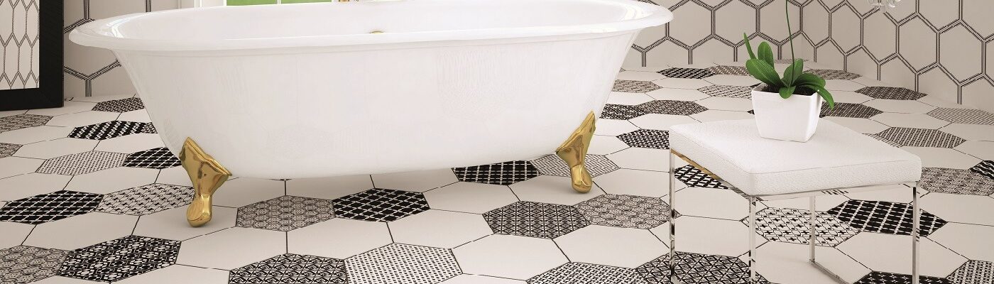 Black and White Bathroom Floor Tiles with a freestanding bath in a modern bathroom