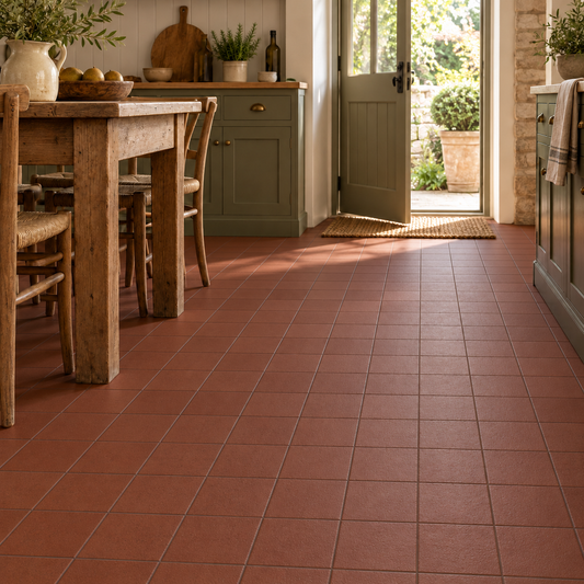 Terracotta red square floor tiles installed in a rustic kitchen setting with a wooden dining table, green cabinets, and an open door leading to a garden.