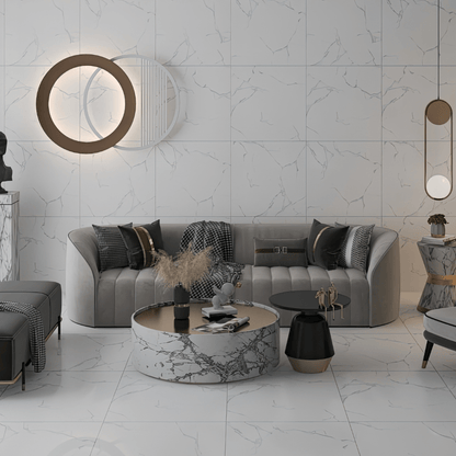 Alpine White Marble Gloss Tiles 600x600 - Rectified, Porcelain