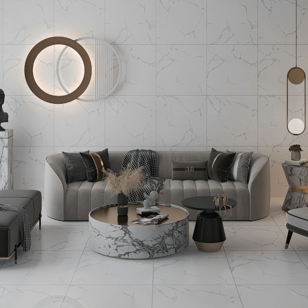 Cut Sample: Alpine White Marble Gloss Tiles 600x600 - Rectified, Porcelain