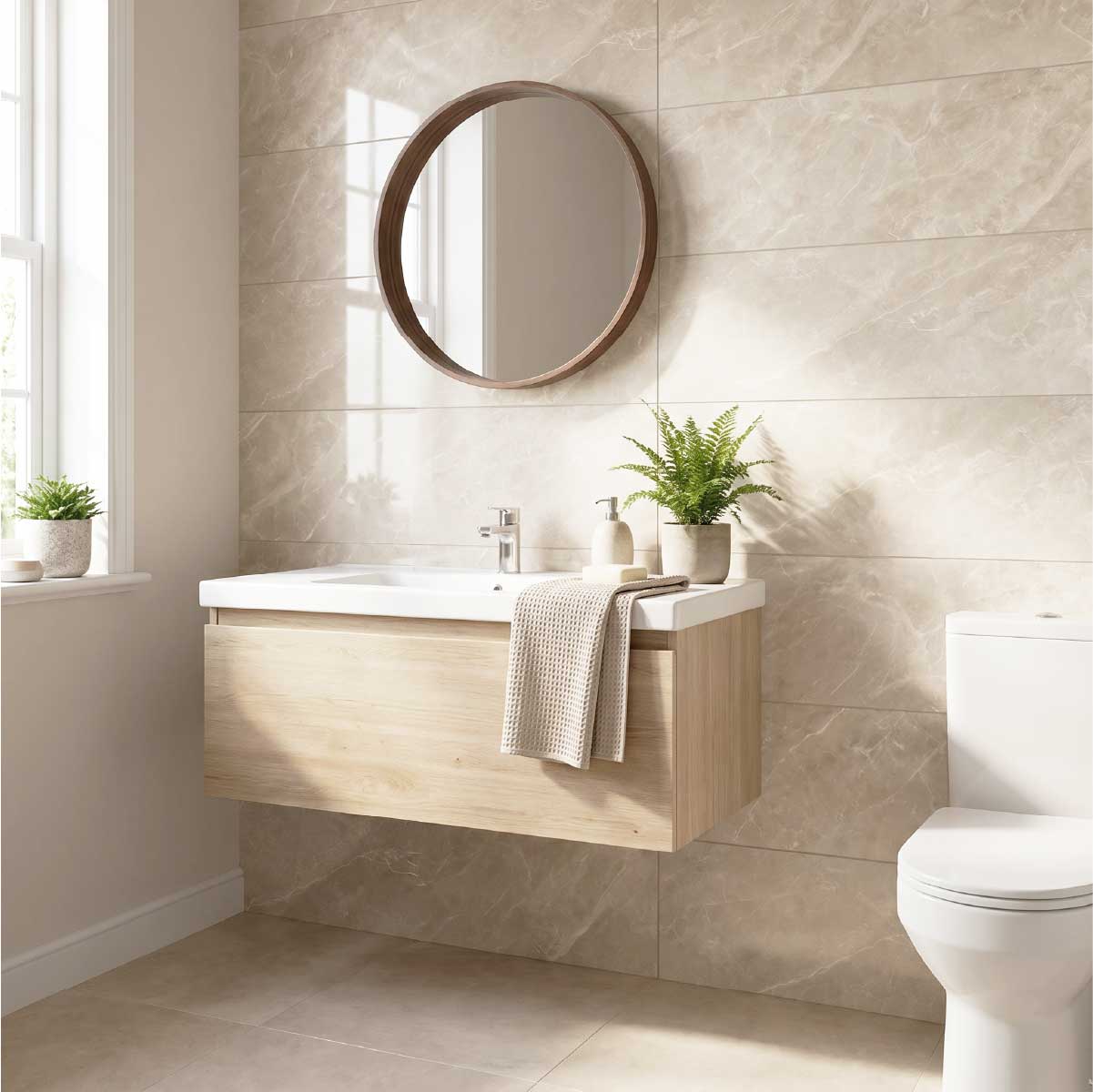 Contemporary bathroom featuring Buckingham Sand glossy ceramic wall tiles.