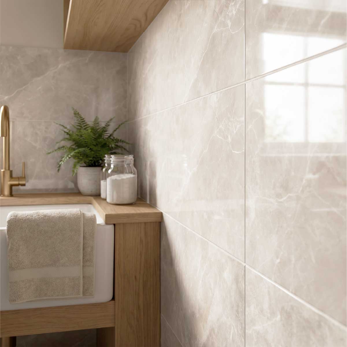 Buckingham Sand ceramic wall tiles used to create a soft modern utility room design.