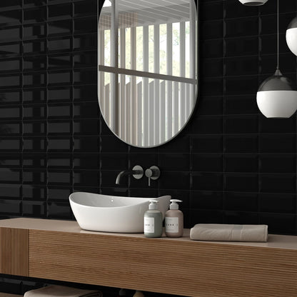Bevelled Mini Black Ceramic Tiles - Gloss - Room Setting