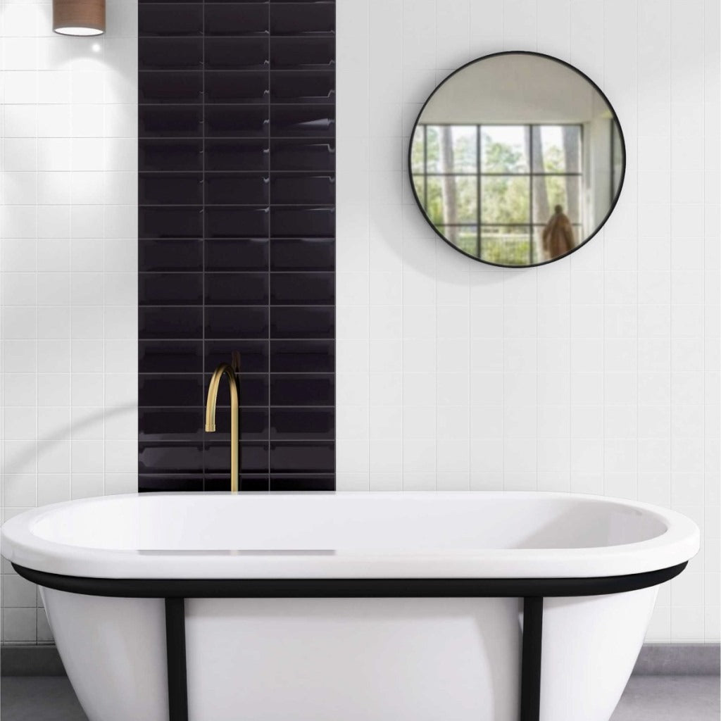 Bevelled Mini Black Ceramic Tiles - Gloss - Room Setting