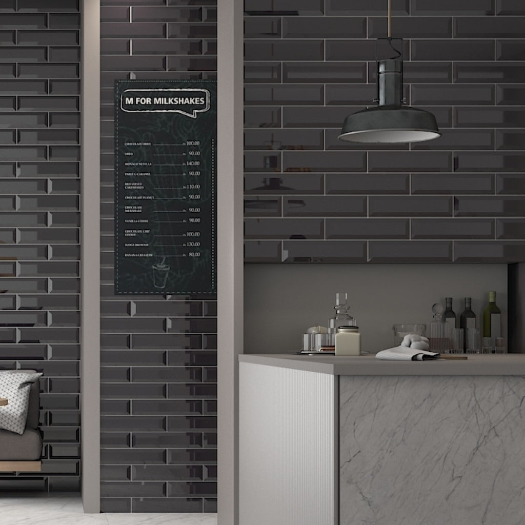 Classic Black Bevelled Tiles - Gloss - Room Setting