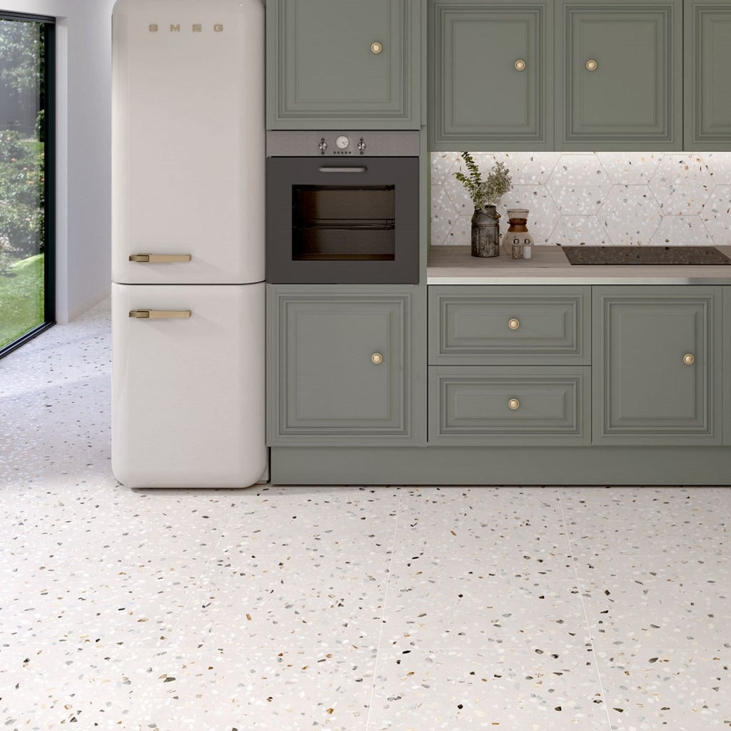 Doria White Terrazzo Floor Tiles - Rectified