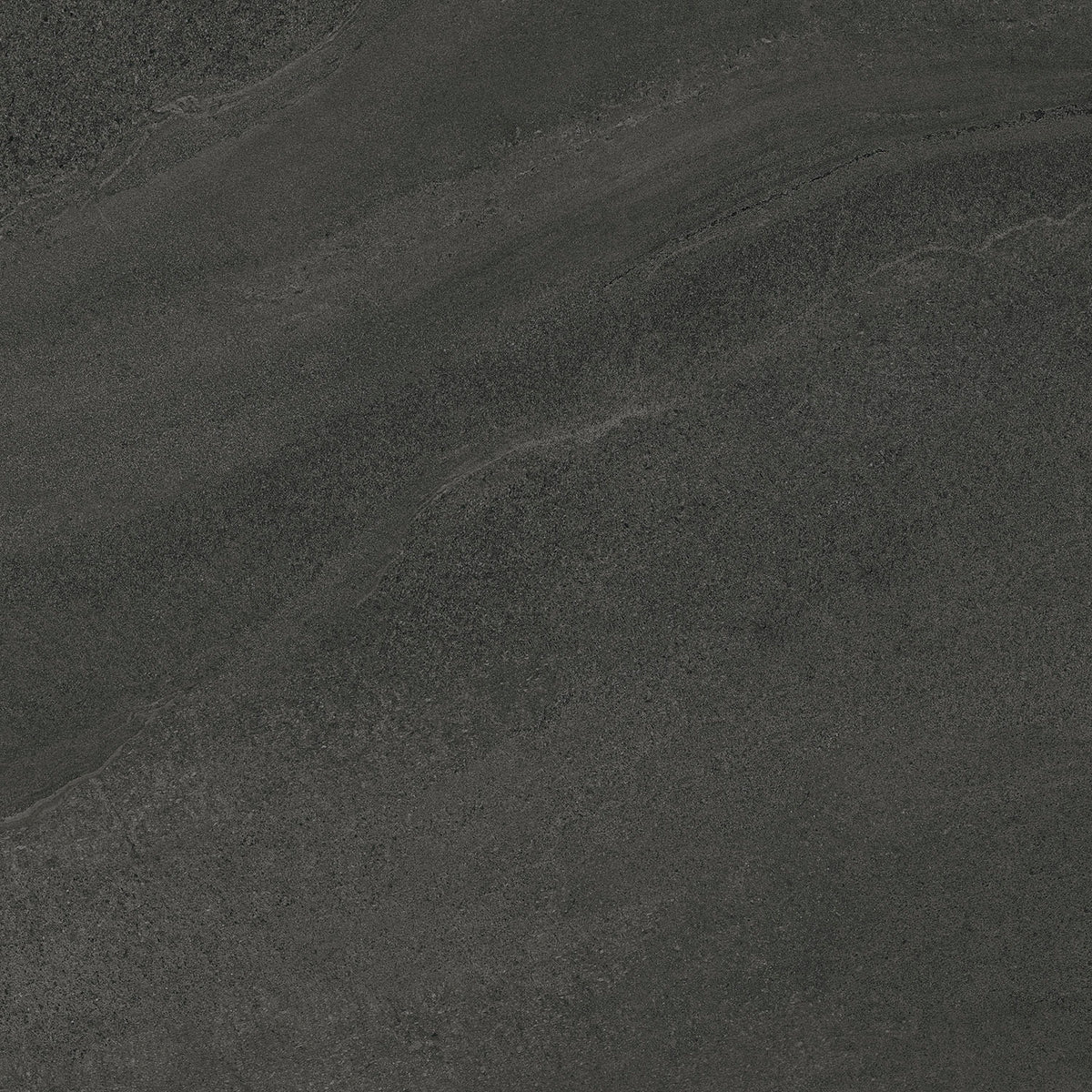 Dark charcoal gray stone-look tile with subtle natural veining and a textured matte finish.