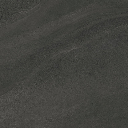 Dark charcoal gray stone-look tile with subtle natural veining and a textured matte finish.