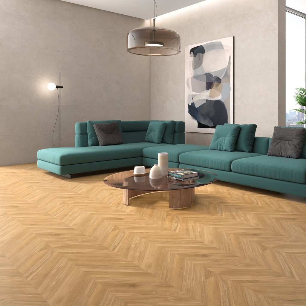 Ebony Honey Wood Effect Herringbone Tiles - Room Setting