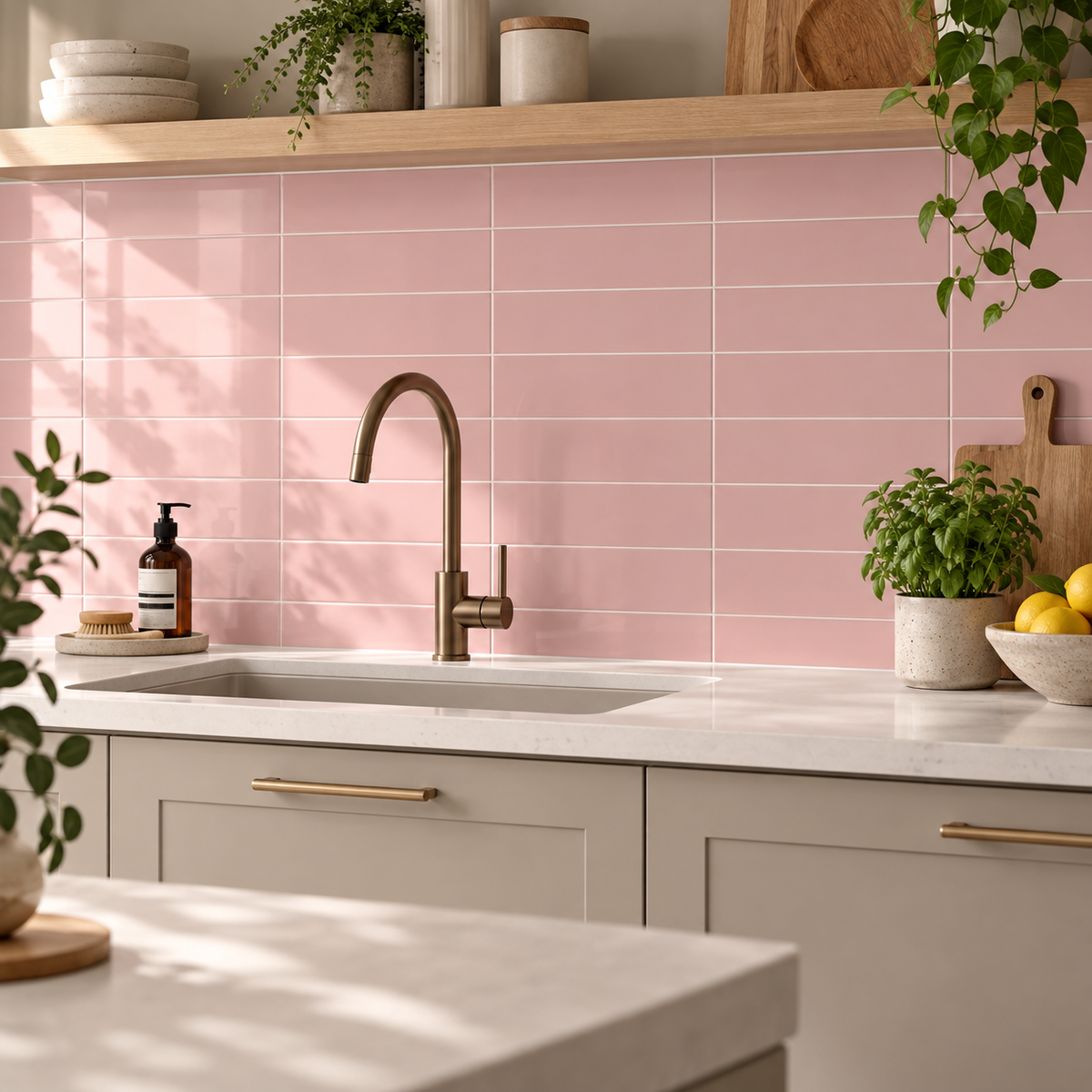 A modern kitchen scene featuring a pink subway tile backsplash, a matte bronze gooseneck faucet, white marble countertops, and light gray cabinets with gold handles. Decorative plants, a lemon bowl, and wooden shelf accents complete the scene.