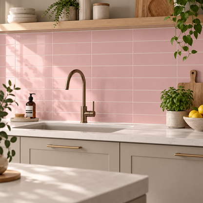 A modern kitchen scene featuring a pink subway tile backsplash, a matte bronze gooseneck faucet, white marble countertops, and light gray cabinets with gold handles. Decorative plants, a lemon bowl, and wooden shelf accents complete the scene.