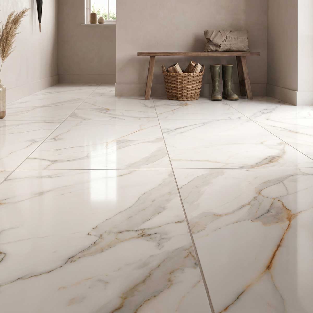 Miami Big Marble porcelain tiles with a glossy marble-inspired design.