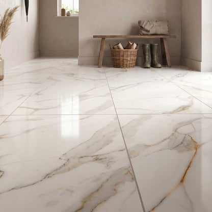 Miami Big Marble porcelain tiles with a glossy marble-inspired design.