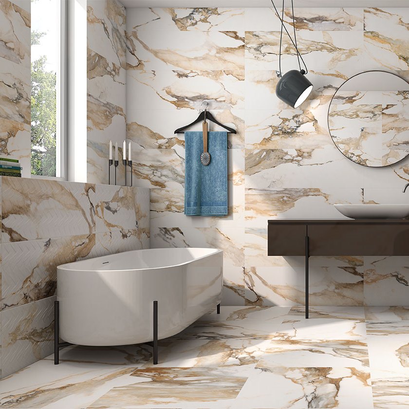 Cut Sample: Revan Matt Large Marble Effect Tiles in Gold
