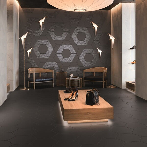 Opal Black Hexagon Tiles - Matt