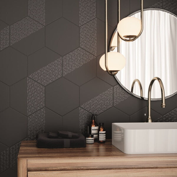Cut Sample: Opal Deco Black Hexagon Wall Tiles