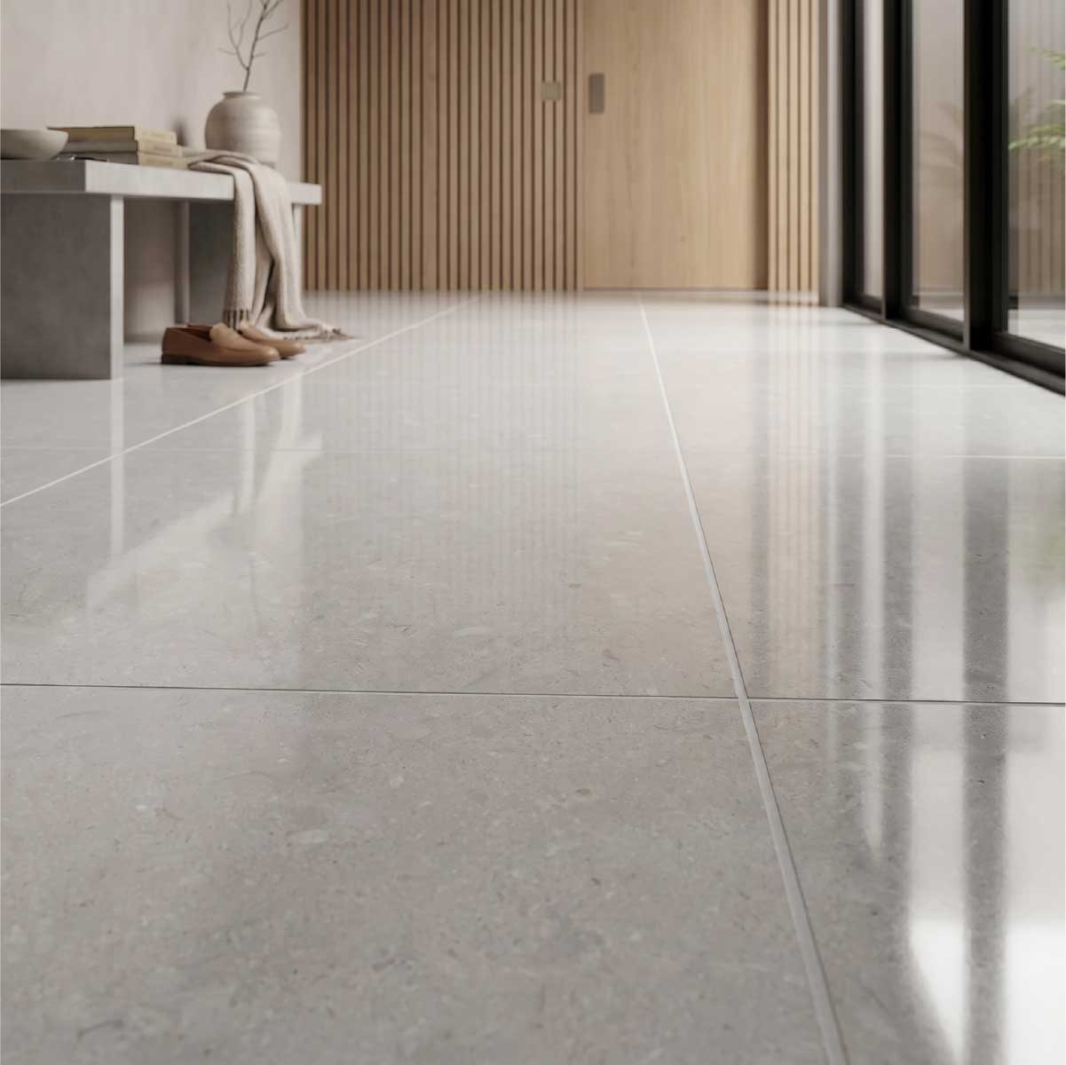 Midas Pearl Grey Large Gloss Tiles - Rectified, Porcelain