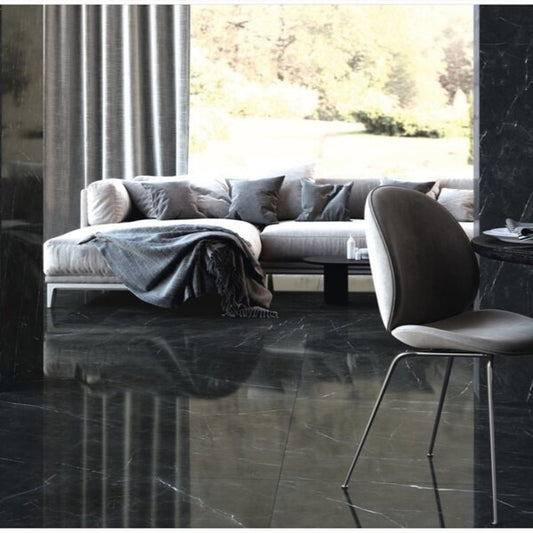 Tessino Gloss Black Marble Effect Tiles - Rectified, Porcelain