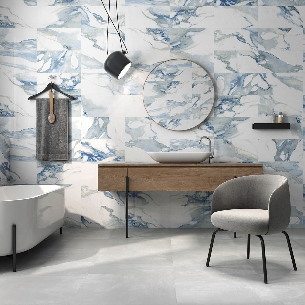 Cut Sample: Valeria White and Blue Marble Effect Tiles